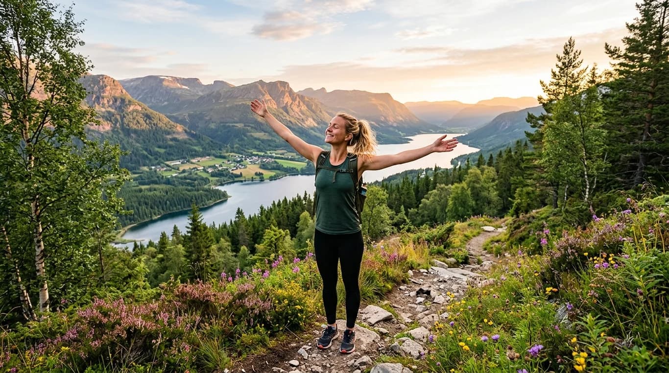 Kvinna, promenad, natur, berg